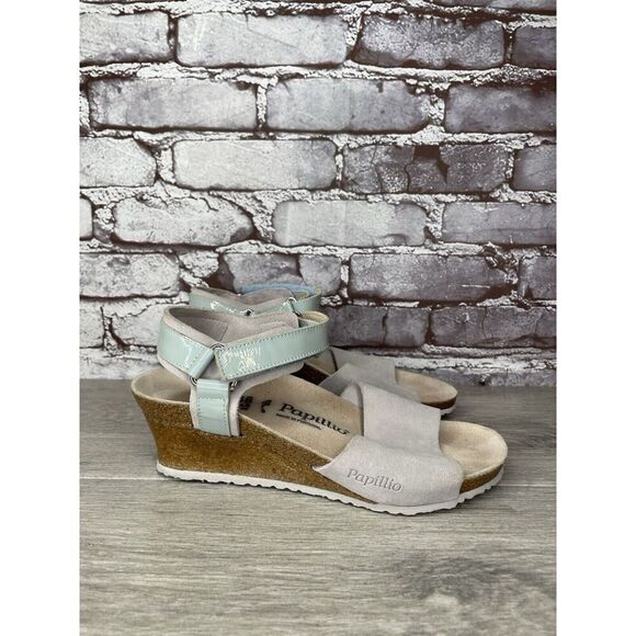 Birkenstock Papillio Grey Nubuck Suede Teal Patent Cork Wedge Sandals Women 38EU - Picture 12 of 16